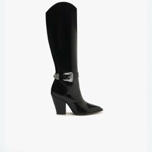 Elegant Black Heeled Boots with Silver Buckle